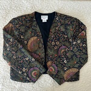 Evening Wear Beaded Jacket Women's Large Floral Bird Open Front Designer Cropped